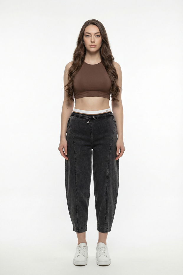 Women's Black Seasonal Baggy Denim Trousers with Ribbed Waist and Elastic Accessories
