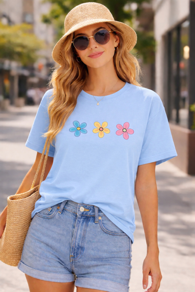 Colorful Daisies Printed Cotton Relaxed Fit Round Neck Unisex T-Shirt