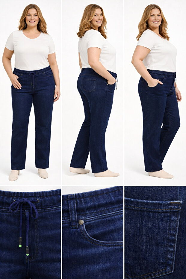 Plus Size Full Lycra Elastic Waist Seasonal Buttoned Trendy Lace-Up High Waist Pocketed Denim Pants