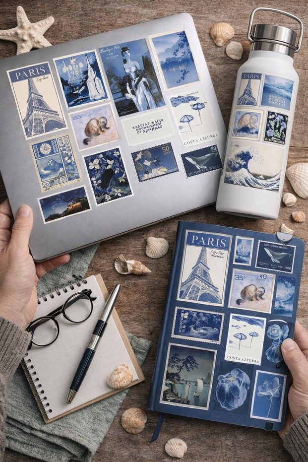 Vintage Blue Art Sticker Set 22X30 cm – Retro Stamps, Paris, Japanese Art