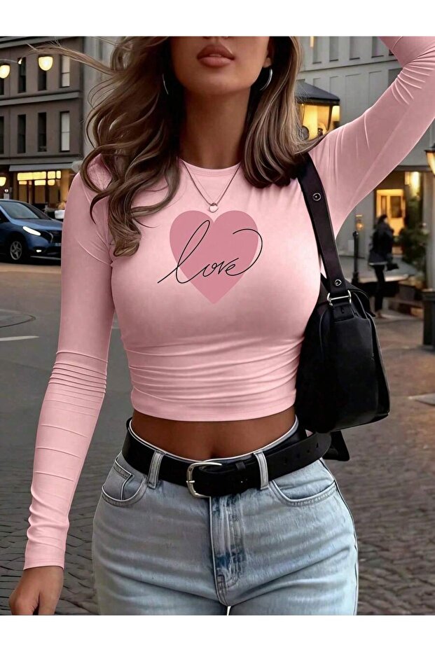Women's Pink Love Printed Crew Neck Bodysuit