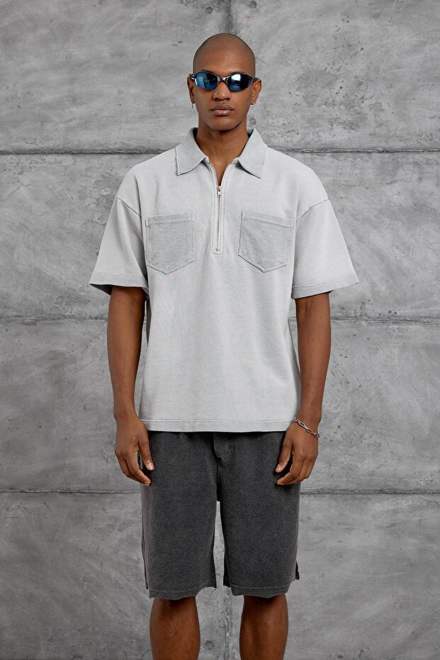 Men's T-Shirt Polo Collar Zippered Washable Gray Oversize Zippered Cotton