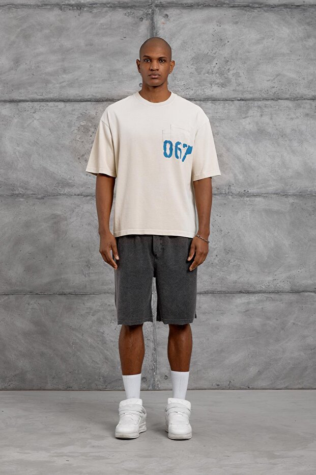 Men's T-Shirt 067 Washable Cream Oversize Printed Crew Neck Cotton