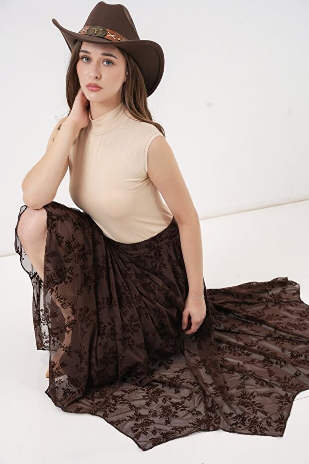 تنورة مبطنة منقوشة 8059 - بني - 3