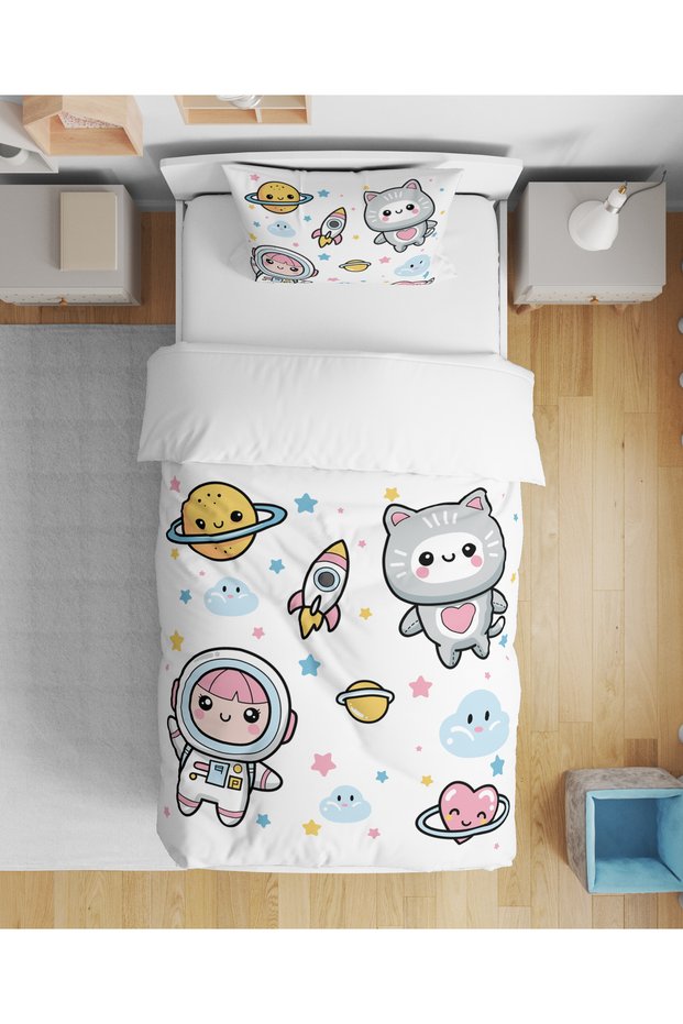 Astronaut Girl and Cat Themed 3D Digital Printed Single Bed Sheetless Girl's Duvet Cover Set
