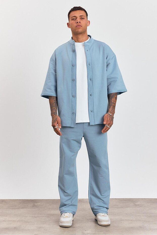Men's Blue Oversize Top and Bottom Set – Wide Cut Kimono Sleeve Shirt + Comfortable Pants Ls-5364