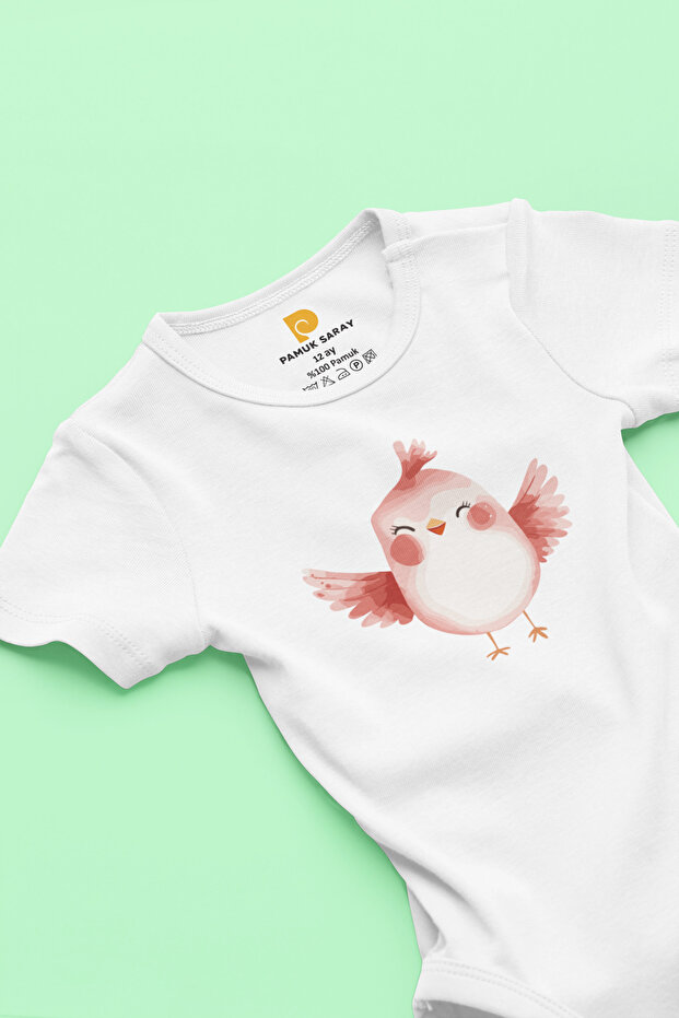 Organic 100% Cotton Flying Little Bird Printed Short Sleeve Snap Fastener Baby Bodysuit