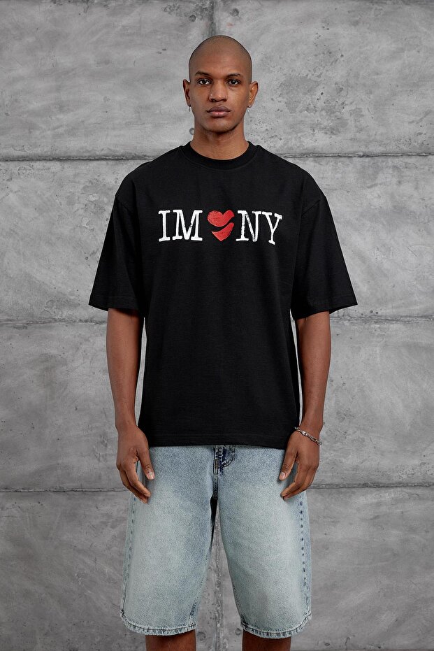 Men's T-Shirt Imny Flamli Kumas Black Oversize Crew Neck