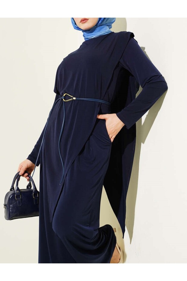 Asymmetrical Segmented Belted Sandy Double Set - 2