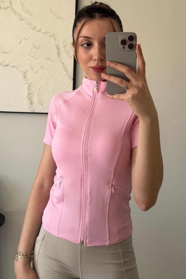 Range Women's Short Sleeve Zipper Pocket Pink Slim Fit Sports Blouse