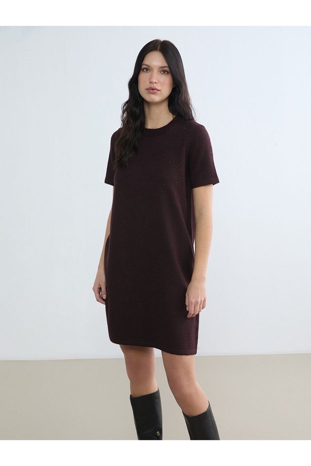 Two Mt Shop Quality Lcw Comfort Burgundy Knitwear Dress with Stones