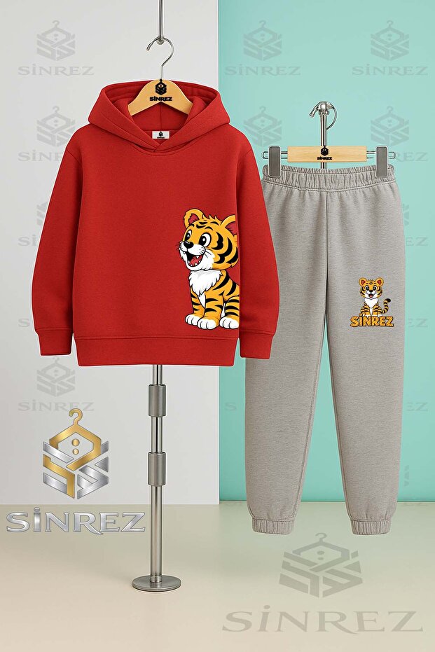 Children's Unisex Tiger Left Side Printed Hooded Tracksuit Set