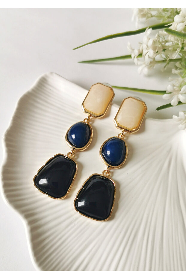 Stone harmony dangle earrings - black tone