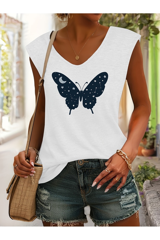 Mix Printed Women's Sleeveless V-Neck Relaxed Fit T-Shirt