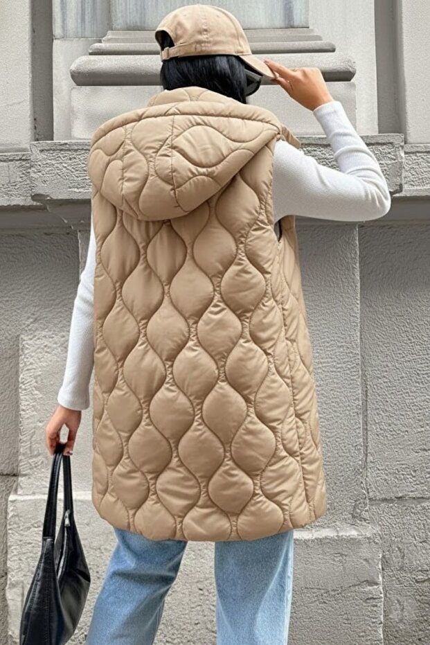 Kapitone Kapişonlu Şişme Yelek – Bej - 2