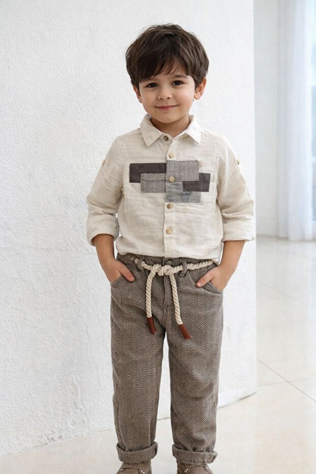 Muslin Shirt and Belted Pants Two-Piece Set for Ages 3-8 - Beige-Brown