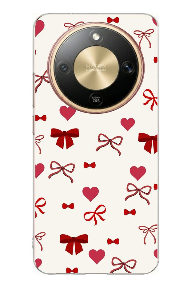 Honor Magic 8 Lite Compatible Claret Red Heart and Bows Printed Silicone Case