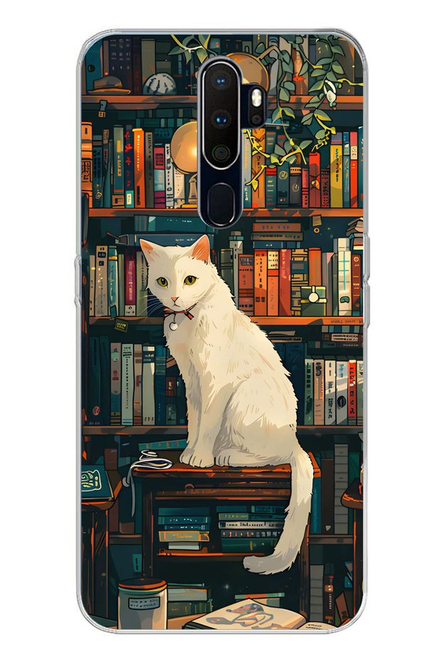 Oppo A5/A9 2020 Compatible Bookshelf White Cat Design Printed Silicone Case