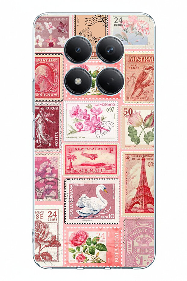 حافظة سيليكون مطبوعة بطبعة طوابع بريدية باللون الوردي متوافقة مع هاتف Redmi Note 15 PRO PLUS - 1