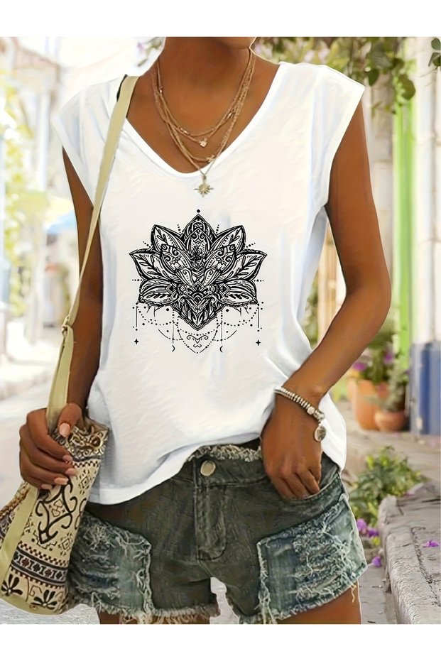 Mix Printed Women's Sleeveless V-Neck Relaxed Fit T-Shirt