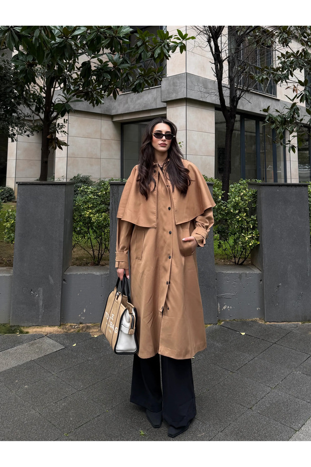 Camel Trench Coat with Detachable Hood Detail - 85179