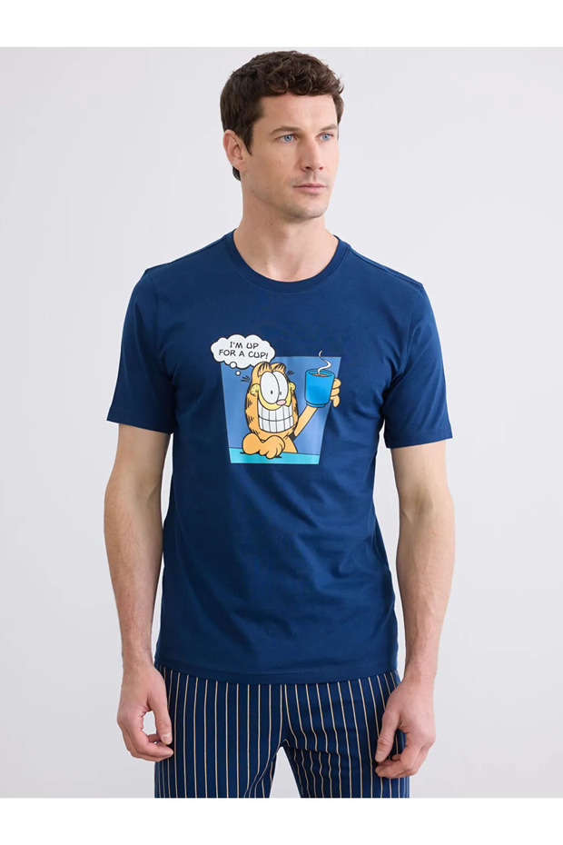 Navy Blue Crew Neck Garfield Printed Men's Pajama Set