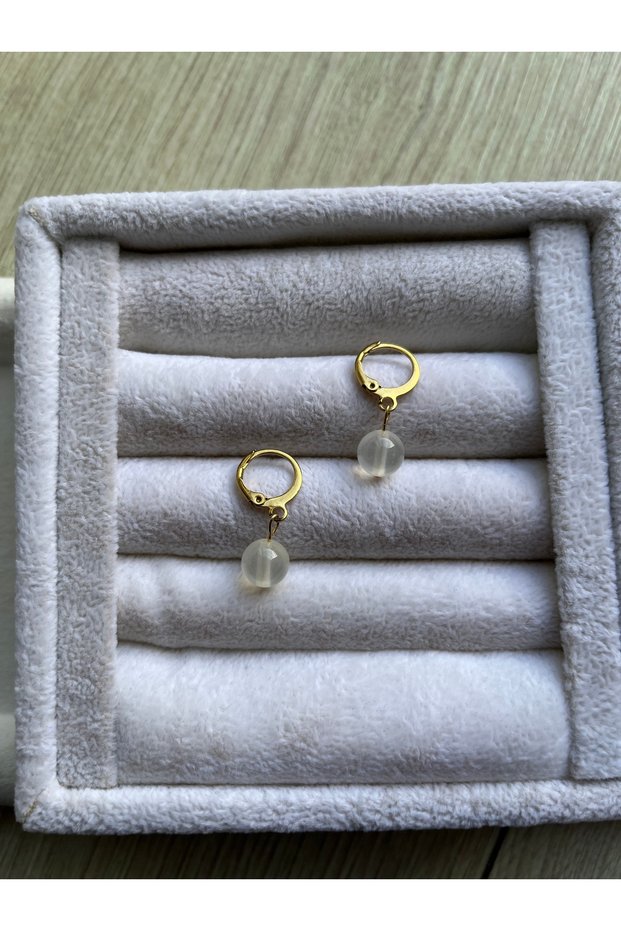 8 mm Selenite Stone Steel Non-Tarnish Hoop Earrings Handmade