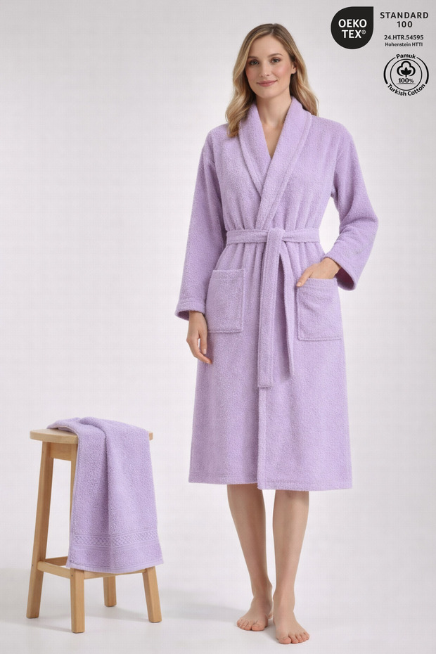 Women's Robe Set 100% Certified Cotton, 2 Pieces, Shawl Collar Robe and Head Towel - Lilac