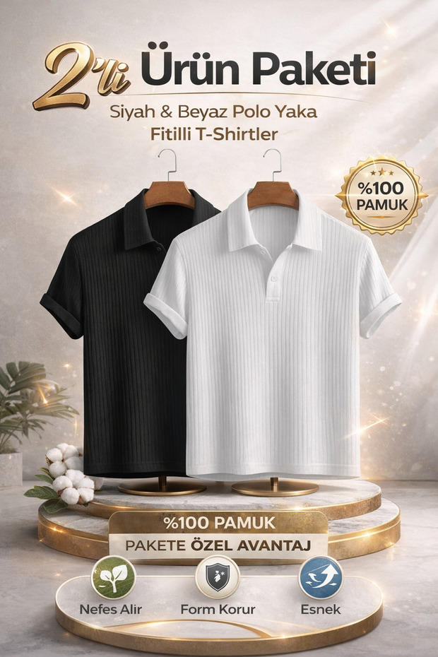 SKYBEAR Siyah Beyaz 2'li Paket Erkek Polo Yaka Oversize Fitilli %100 Pamuk