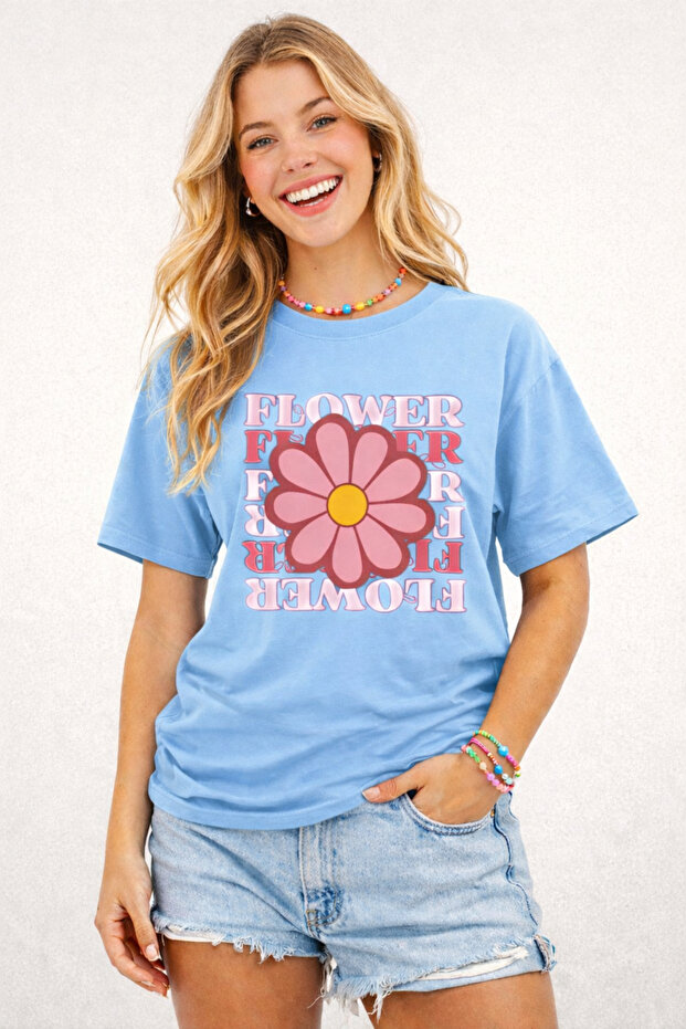 Flower Printed Cotton Relaxed Fit Round Neck Unisex T-Shirt