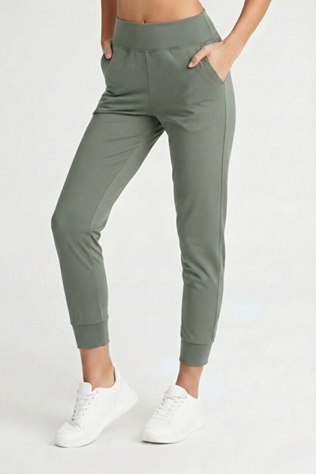 Women's Khaki Double Pocket High Waist Elastic Comfortable Cut Jogger Sweatpants