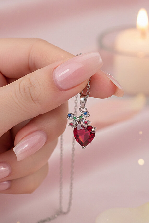 Red Heart Steel Necklace with Ribbon
