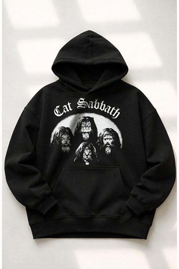 Unisex Black Sabbath Cat Printed Hooded Sweatshirt, Oversized Cat Sabbath Rock Band Themed Hoodie