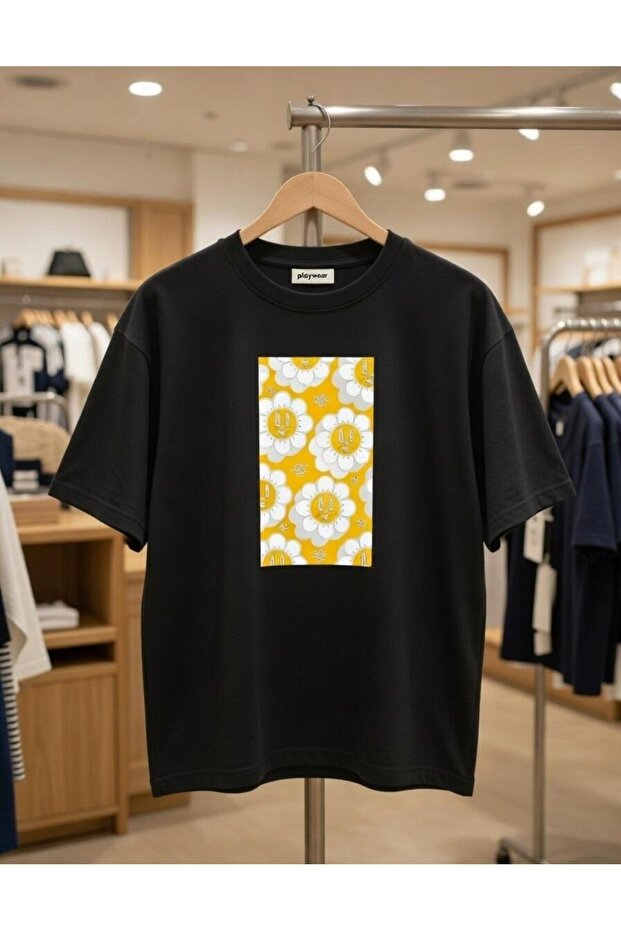 Unisex White Oversize Cotton Sunny Daisy Printed Knitted T-Shirt