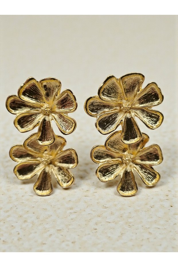 Gold Color Flower Large Petal Textured Steel Tarnish Resistant Earrings