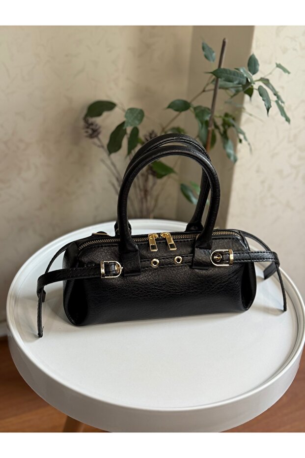 Faux Leather Black Women's Hand and Shoulder Bag with Belt Detail