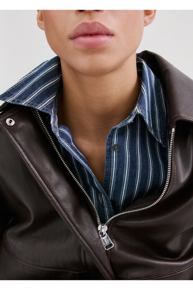 Çizgili kot gömlek - 6