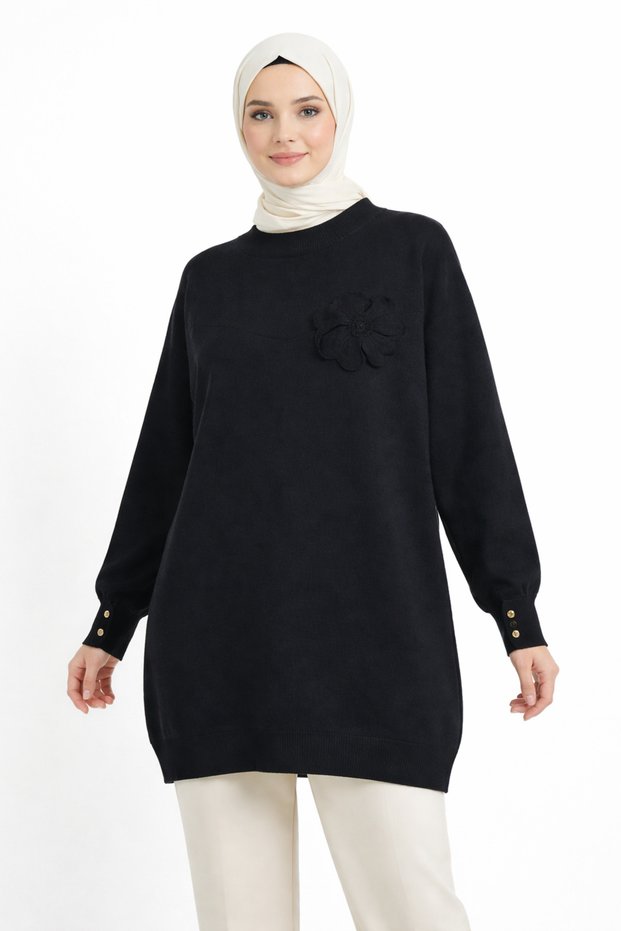 Floral Embroidered Long Sleeve Tunic – Navy Elegance