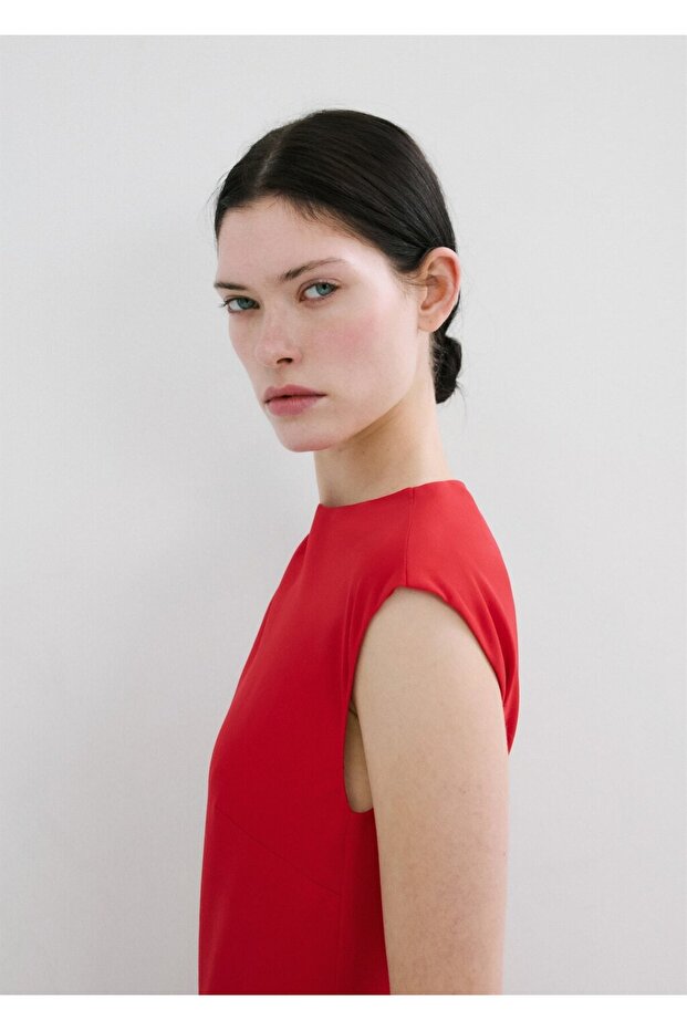 Asimetrik kollu midi elbise - 6