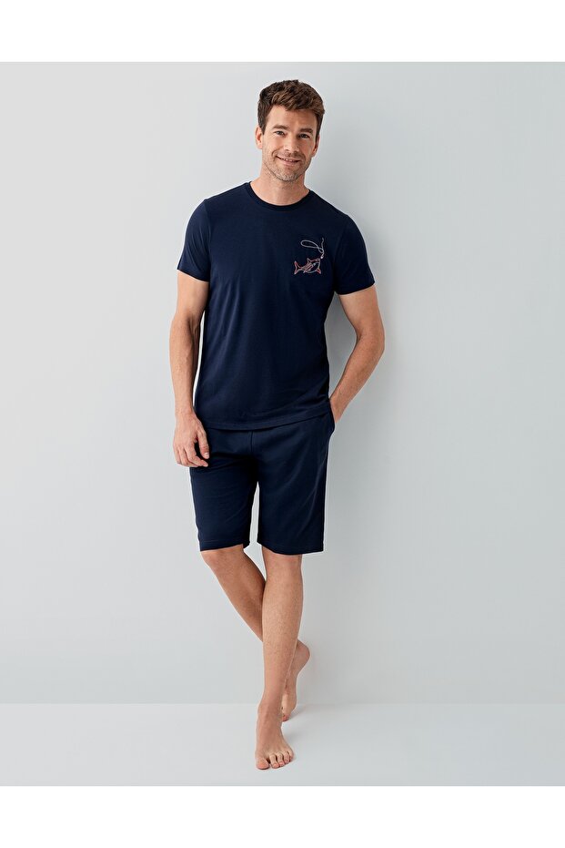 Men's Cotton Short Sleeve Navy Blue Shorts Pajama Set