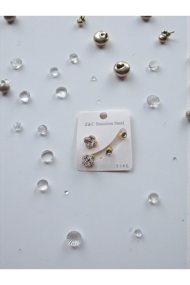 Gold Color Zircon Stone Detailed 316L Steel Tarnish-Resistant Daisy Earring Set