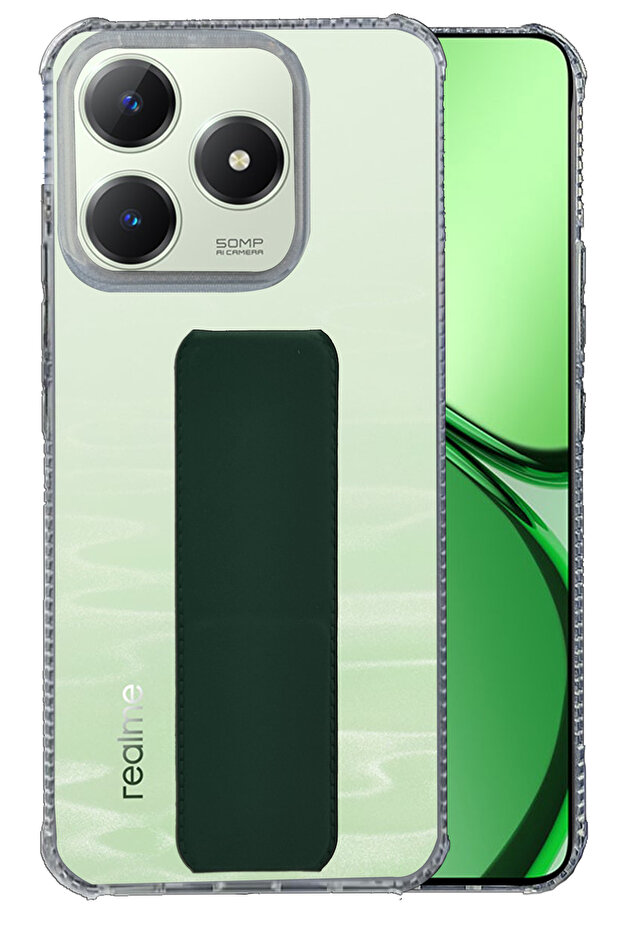 غطاء خلفي من السيليكون المقاوم للصدمات لهاتف Realme C63 4G / C61 4G - مزود بمقبض يد وحامل - أخضر