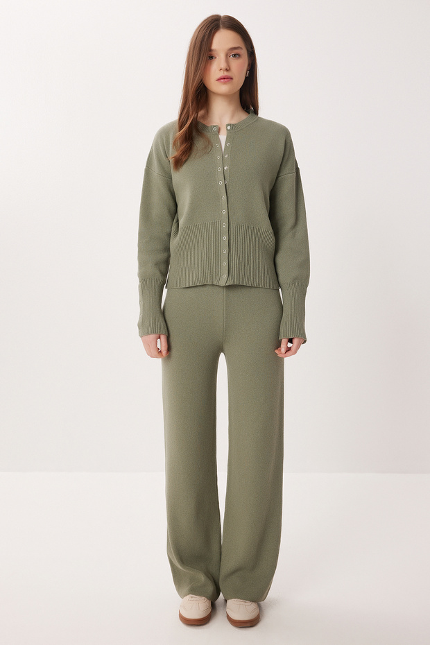 Snap Fastener Top and Bottom Knitwear Set Lpn0017 Green