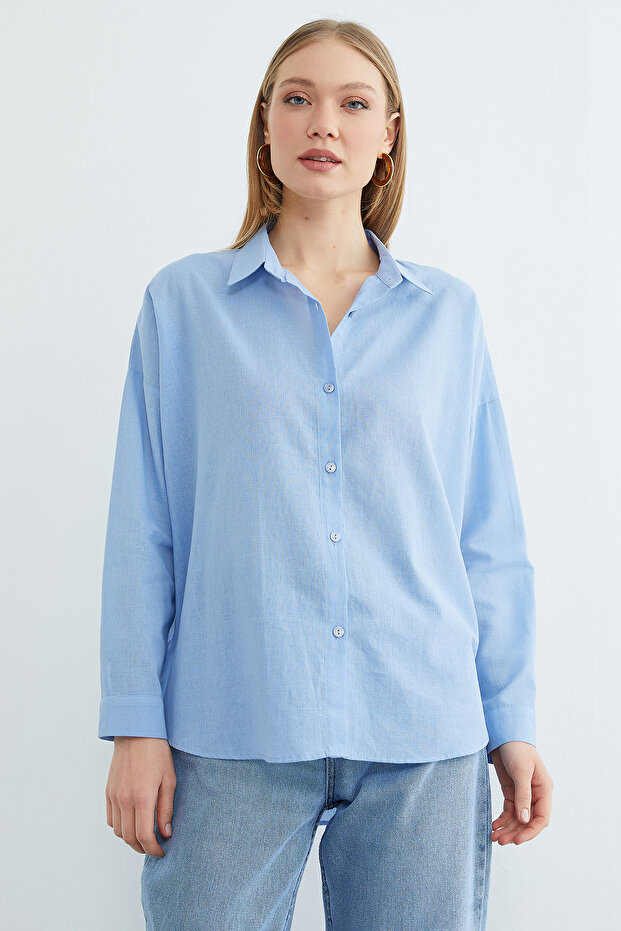 Basic Keten Görünümlü Oversize Gömlek - 6