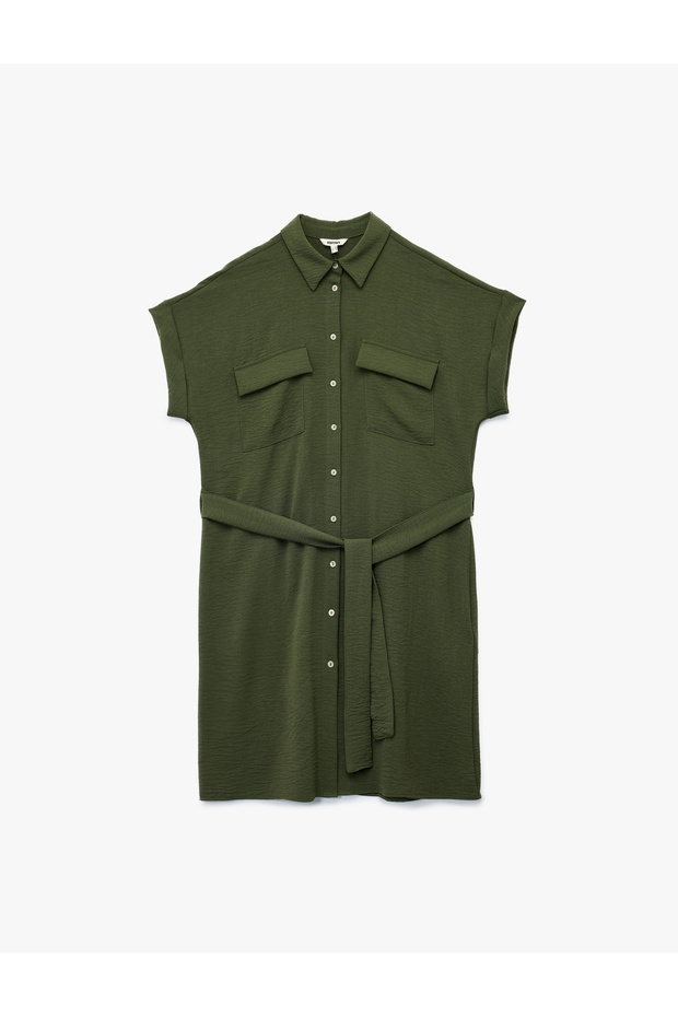 Buttoned Oversized Short Sleeve Dress with Shirt Collar Belt Detail