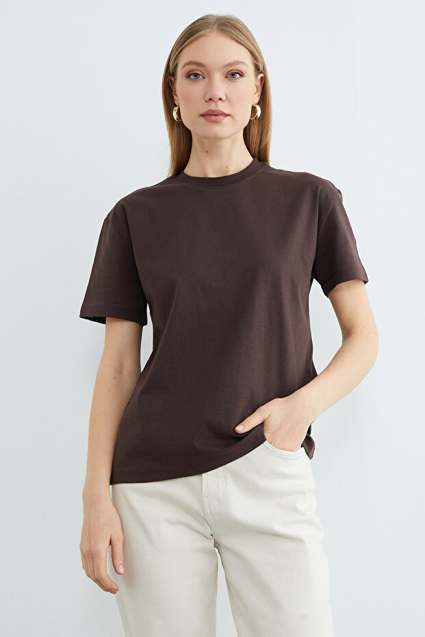 Basic Bisiklet Yaka Oversize Tişört - 2