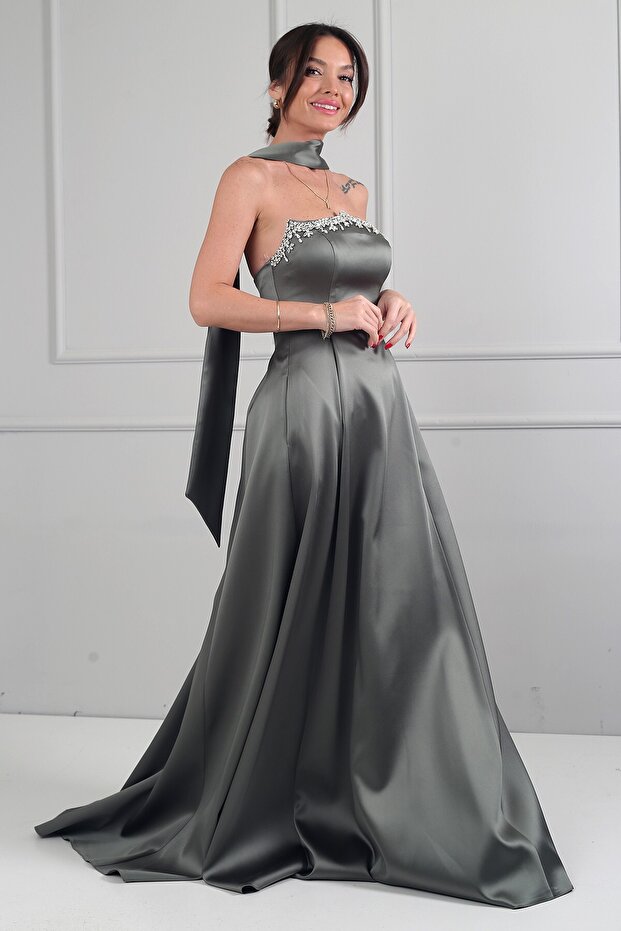 Women's Strapless Stoned Lined Long Satin Dress with Pockets