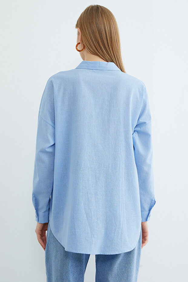 Basic Keten Görünümlü Oversize Gömlek - 8