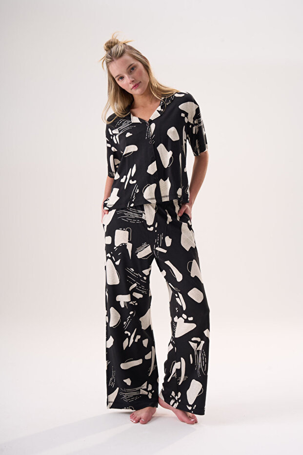 Short Sleeve Shirt Collar Buttoned High Waist Geometric Pattern Bamboo Women's Summer Pajama Set 26505