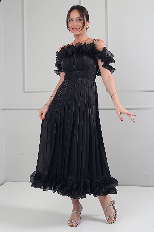 Women's Chiffon Fabric Ruffle Detail Midi Dress